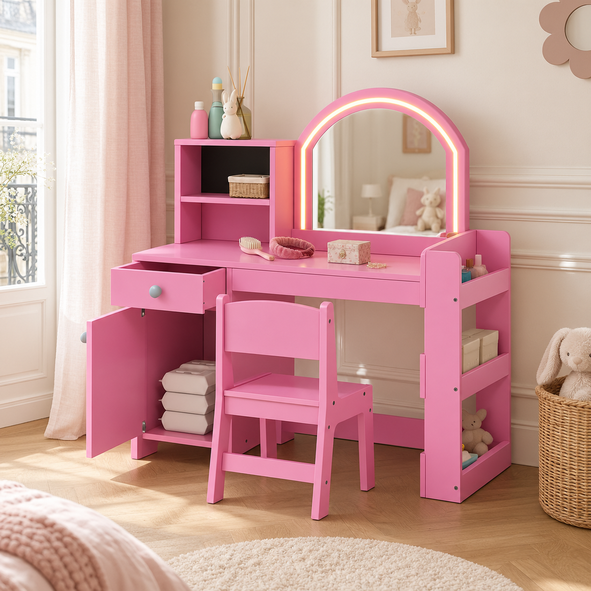 Coiffeuse enfant lumineuse avec miroir en arche LED dans une chambre de petite fille