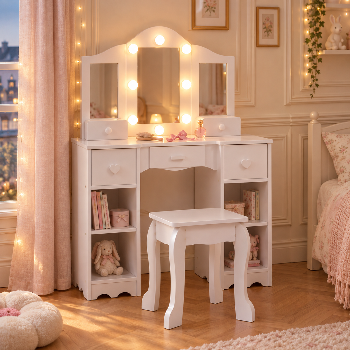 Coiffeuse enfant Hollywood blanche à offrir, dans une chambre de petite fille