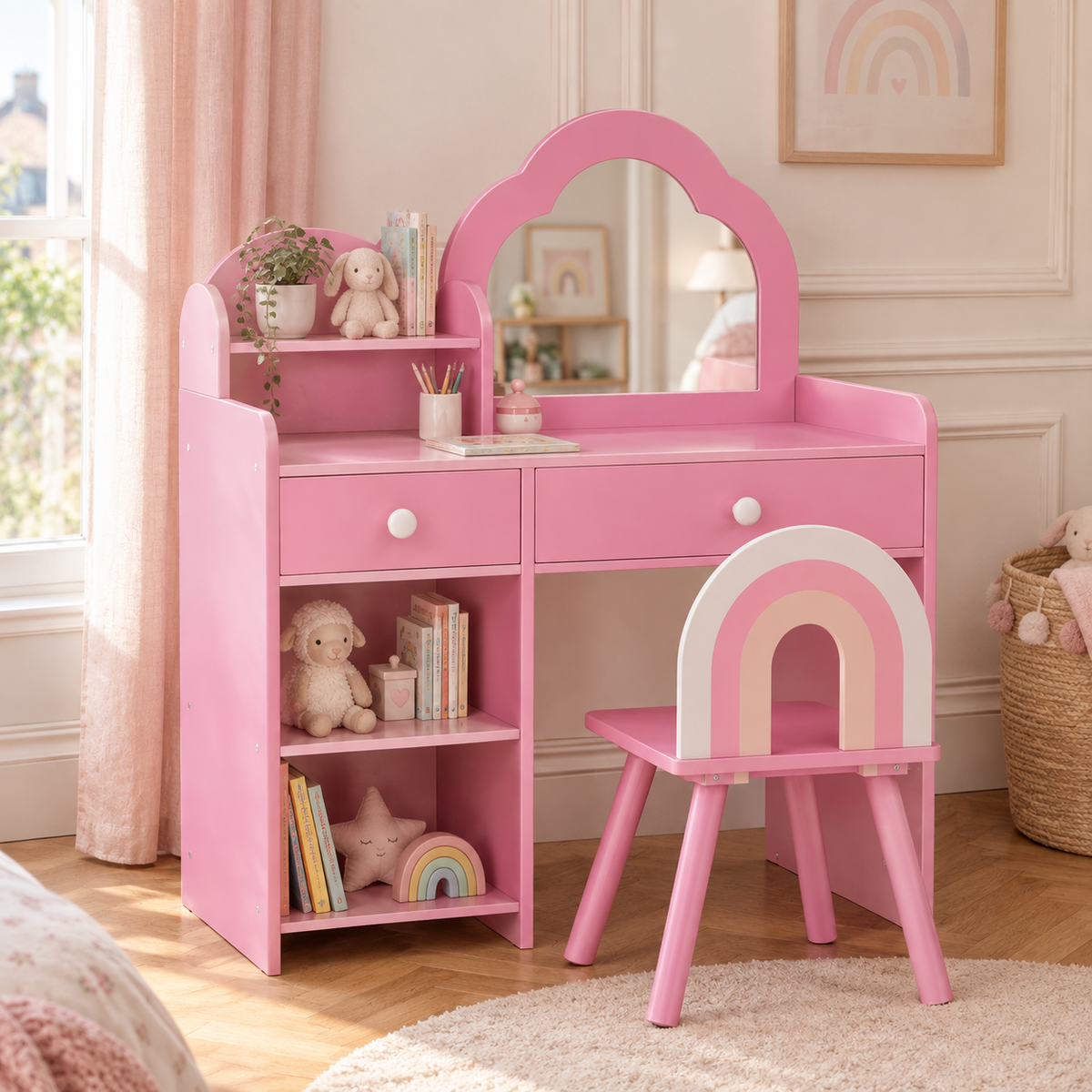 Coiffeuse enfant moderne nuage et chaise arc-en-ciel dans une chambre d'enfant