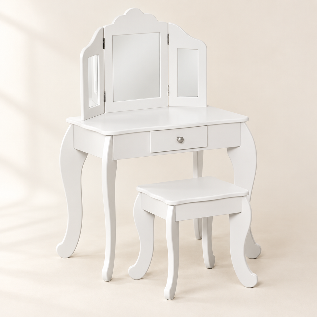 Coiffeuse enfant blanche 2 en 1 avec miroir triptyque, tiroir et tabouret