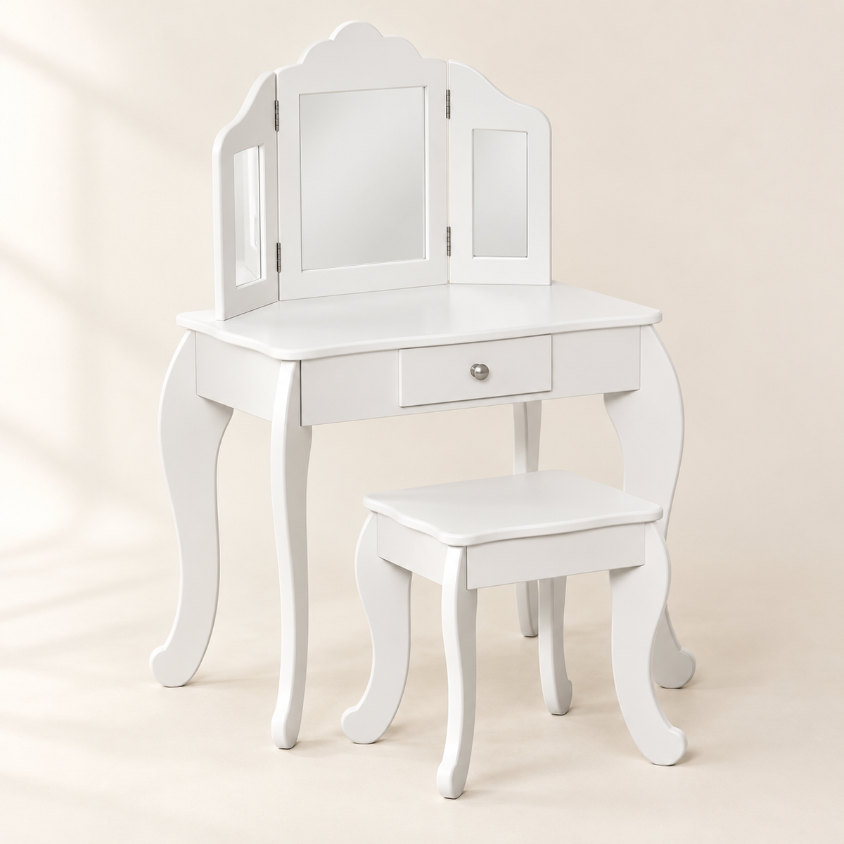 Coiffeuse enfant blanche 2 en 1 avec miroir triptyque, tiroir et tabouret