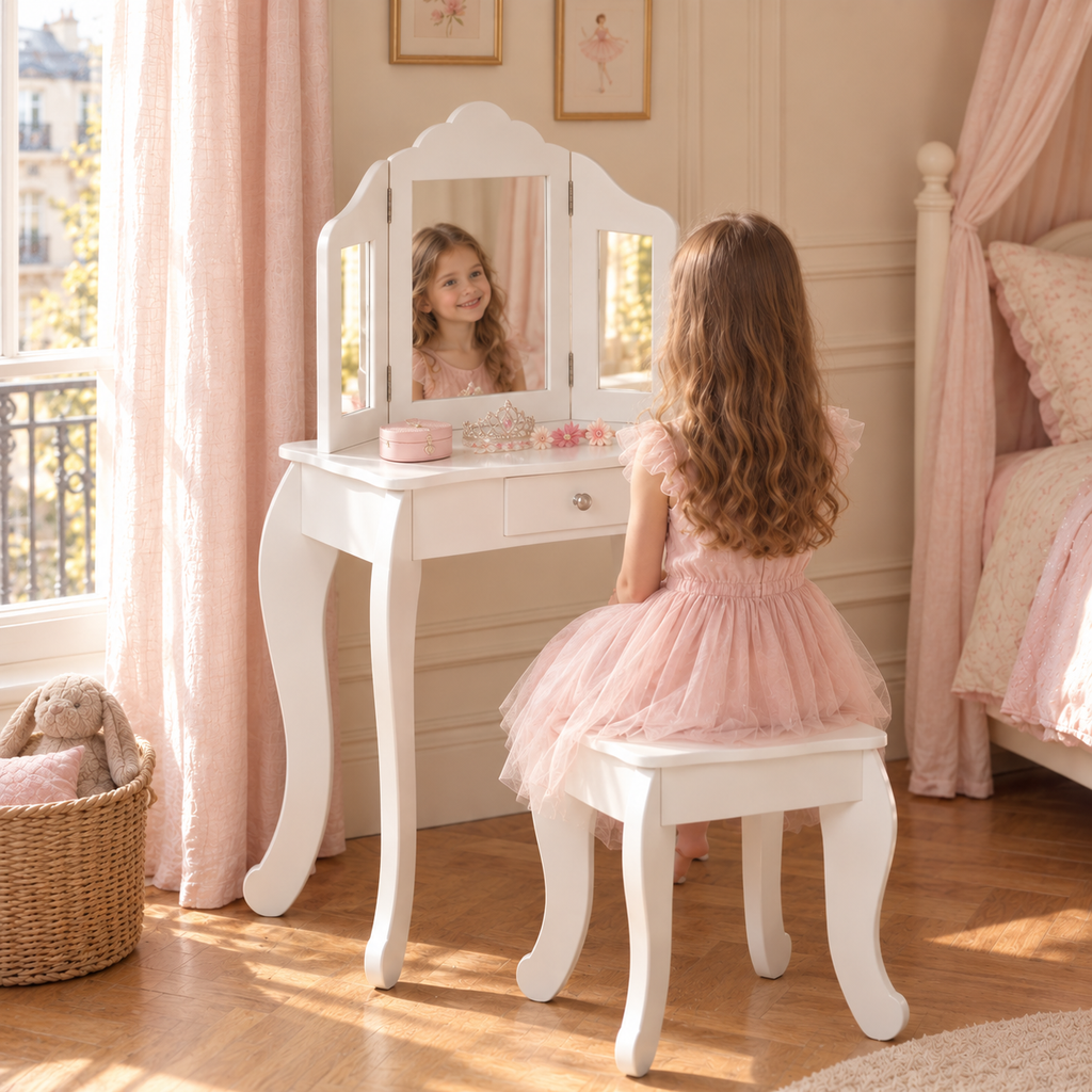 Petite fille qui se coiffe devant sa coiffeuse enfant blanche à miroir triptyque