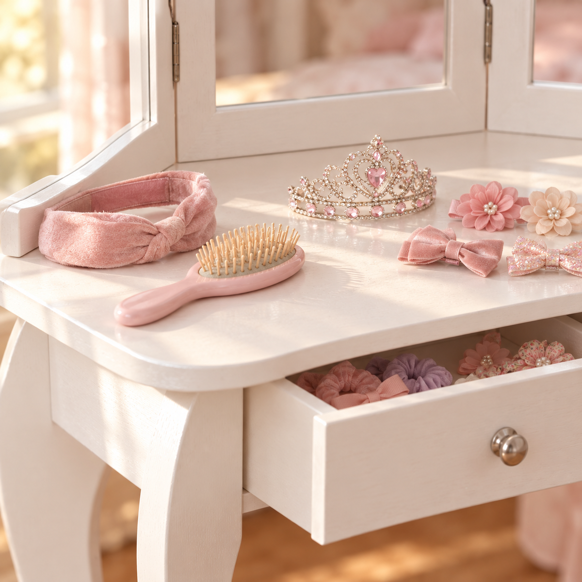 Tiroir et accessoires de la coiffeuse enfant blanche 2 en 1