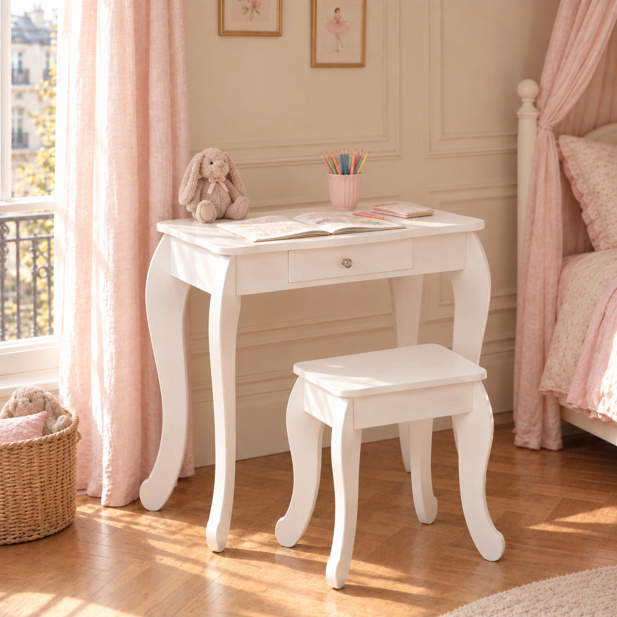 Coiffeuse enfant blanche 2 en 1 transformée en petit bureau