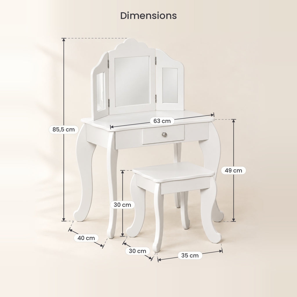 Dimensions de la coiffeuse enfant blanche 2 en 1 et de son tabouret
