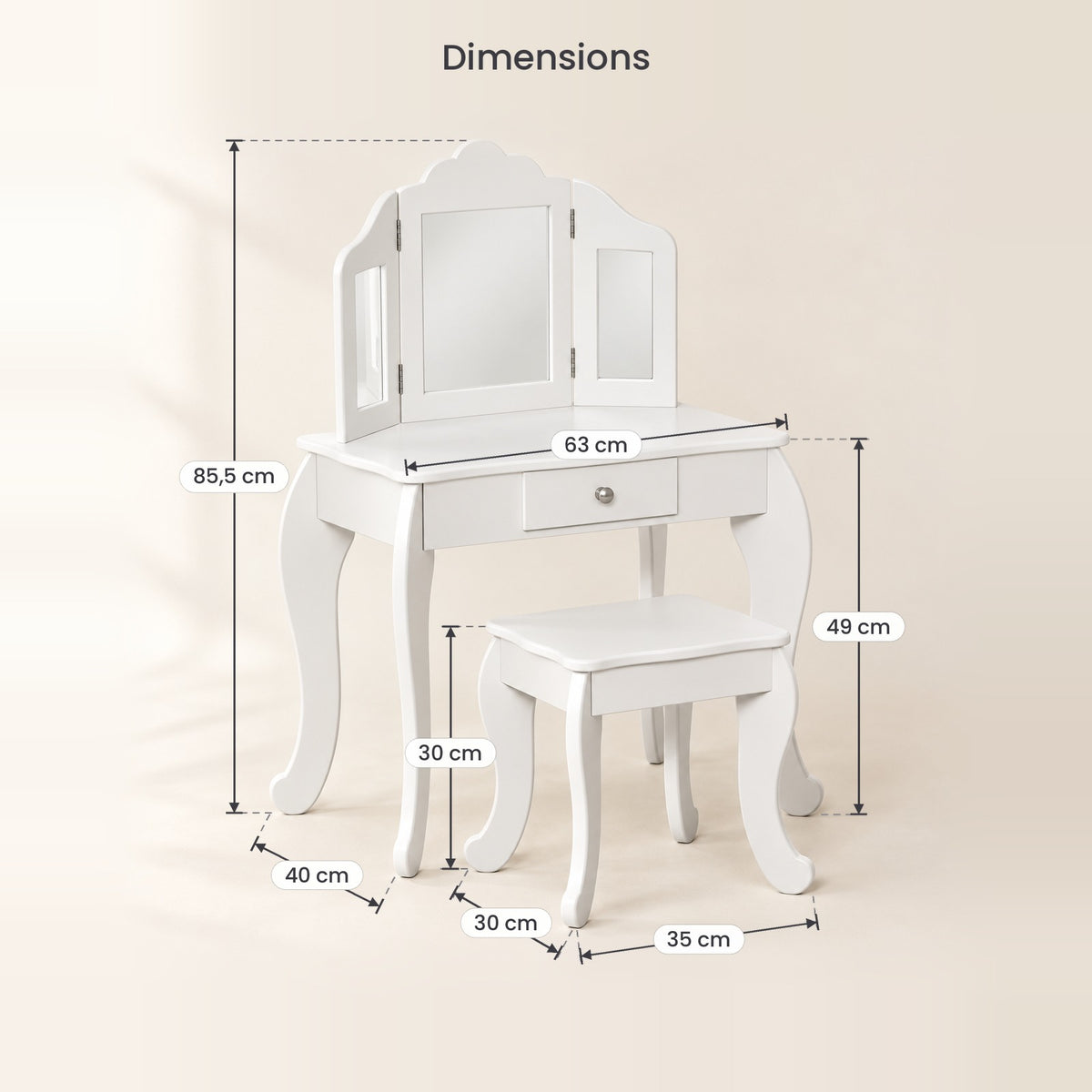 Dimensions de la coiffeuse enfant blanche 2 en 1 et de son tabouret