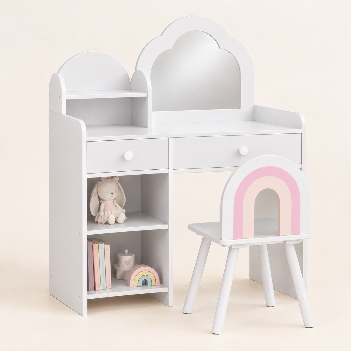 Coiffeuse enfant nuage coloris Blanc avec miroir et chaise arc-en-ciel