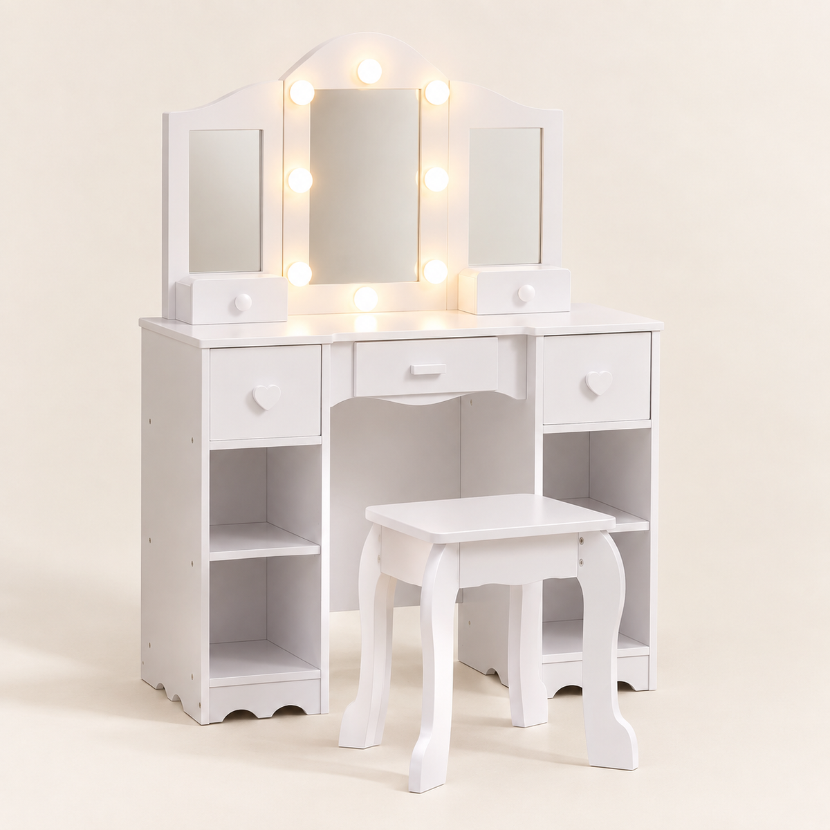 Coiffeuse enfant Hollywood miroir à ampoules coloris Blanc avec tabouret et tiroirs