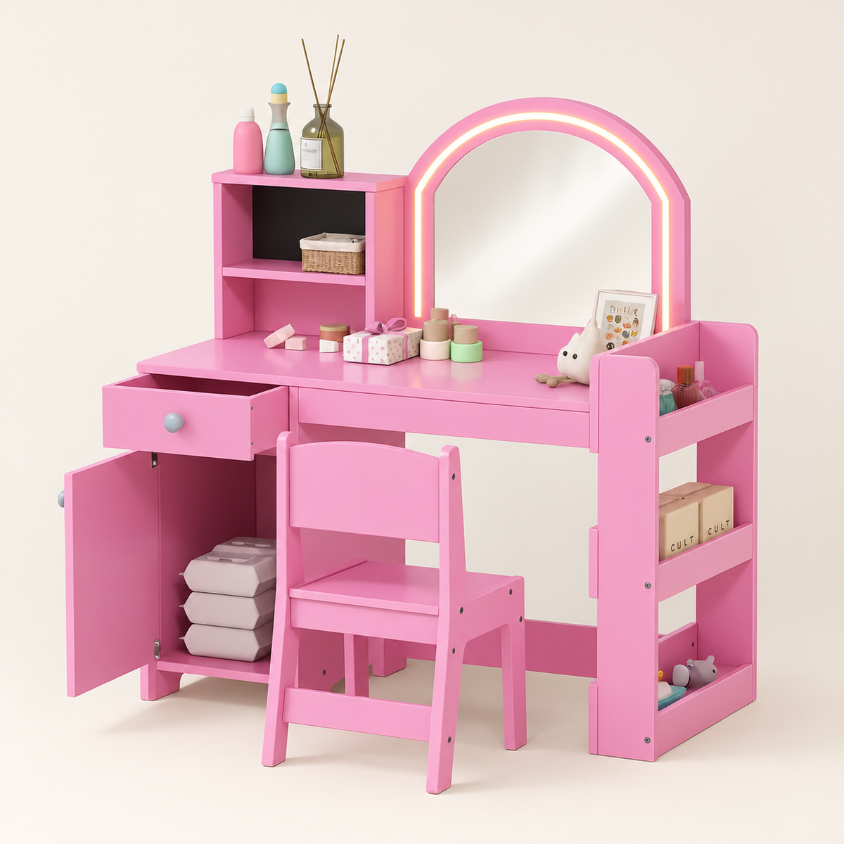 Coiffeuse enfant lumineuse miroir arche LED rose avec chaise et rangements