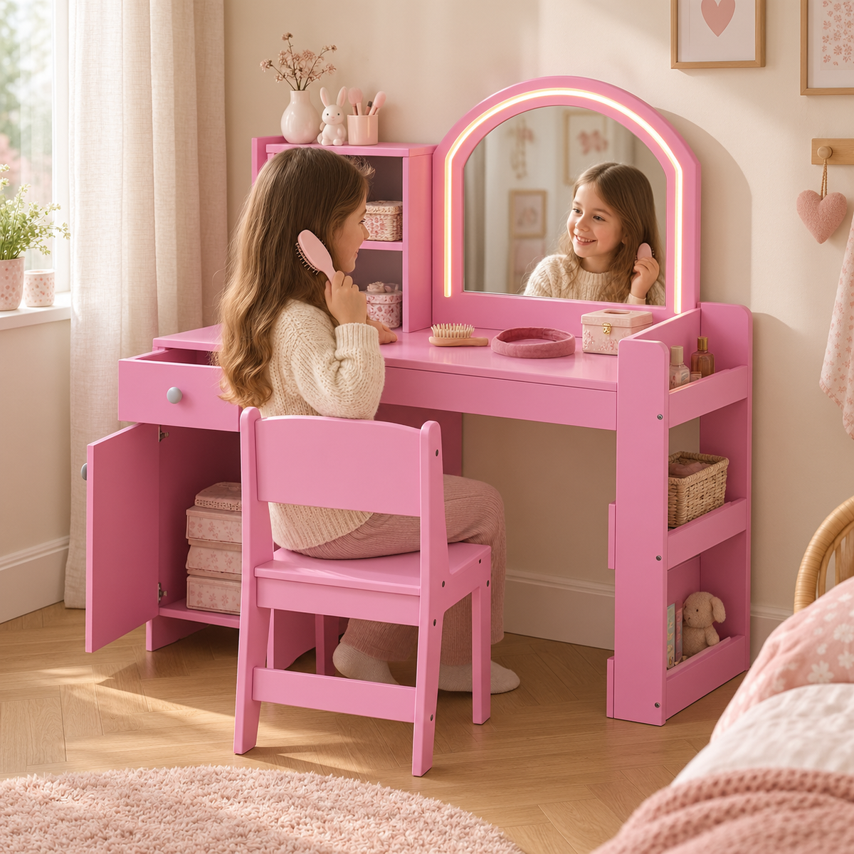 Petite fille devant sa coiffeuse enfant arche LED rose