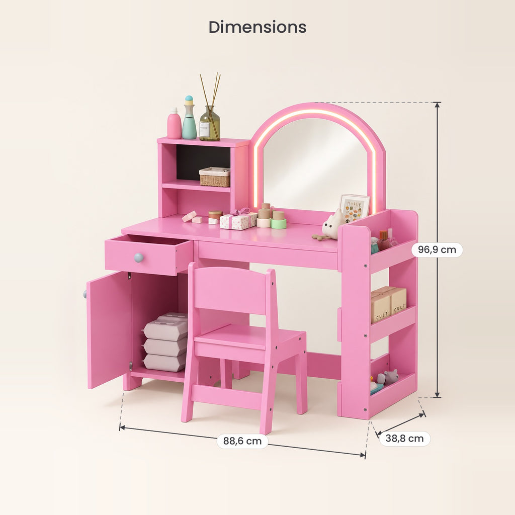 Dimensions de la coiffeuse enfant lumineuse miroir arche LED : 88,6 x 38,8 x 96,9 cm