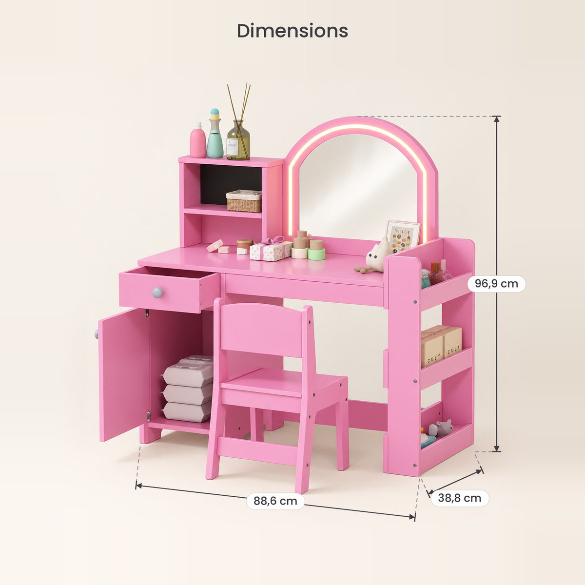 Dimensions de la coiffeuse enfant lumineuse miroir arche LED : 88,6 x 38,8 x 96,9 cm