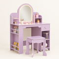 Coiffeuse enfant miroir LED réglable coloris Lilas avec tabouret et étagères à livres
