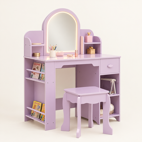Coiffeuse enfant miroir LED réglable coloris Lilas avec tabouret et étagères à livres