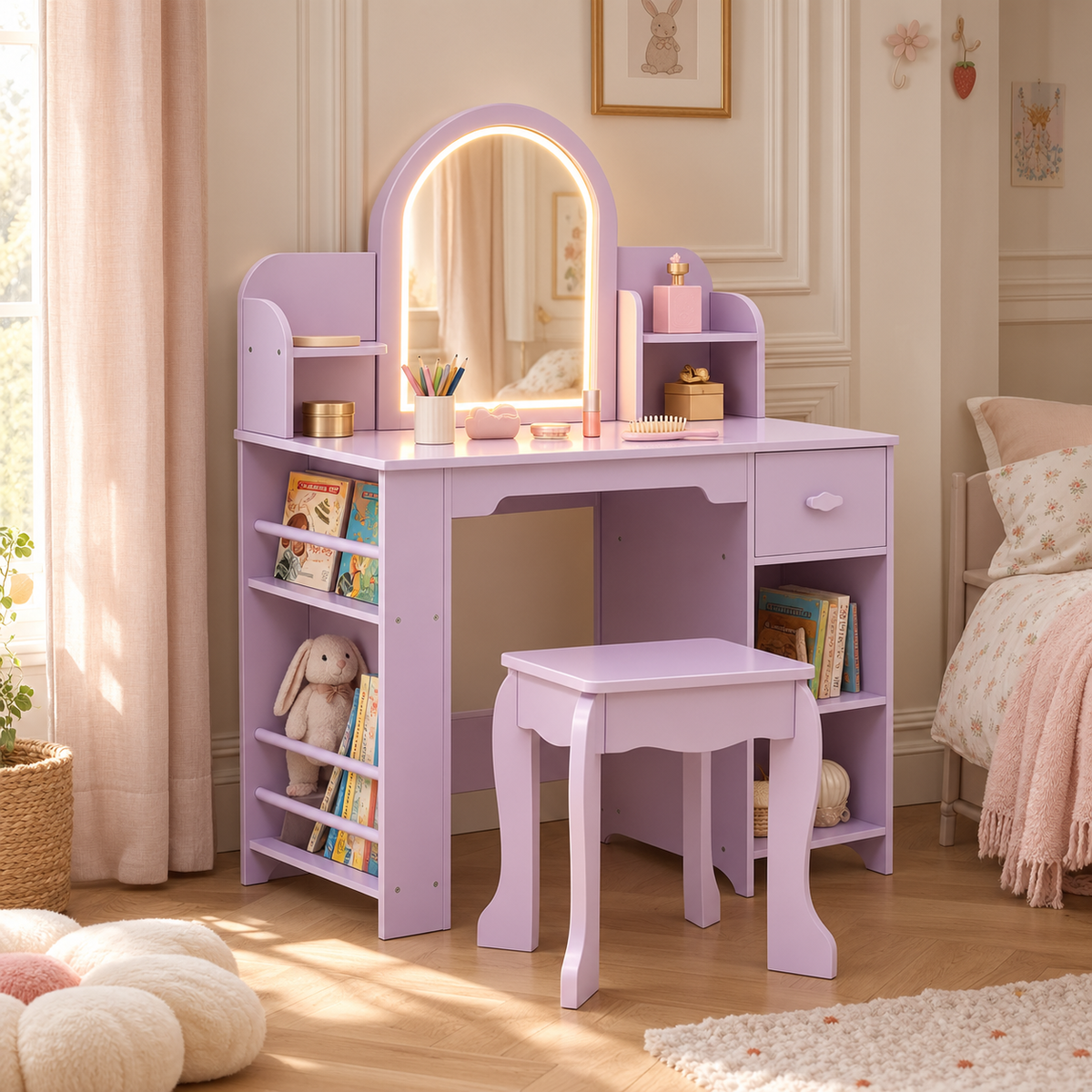 Coiffeuse enfant LED coloris Lilas dans une chambre d'enfant