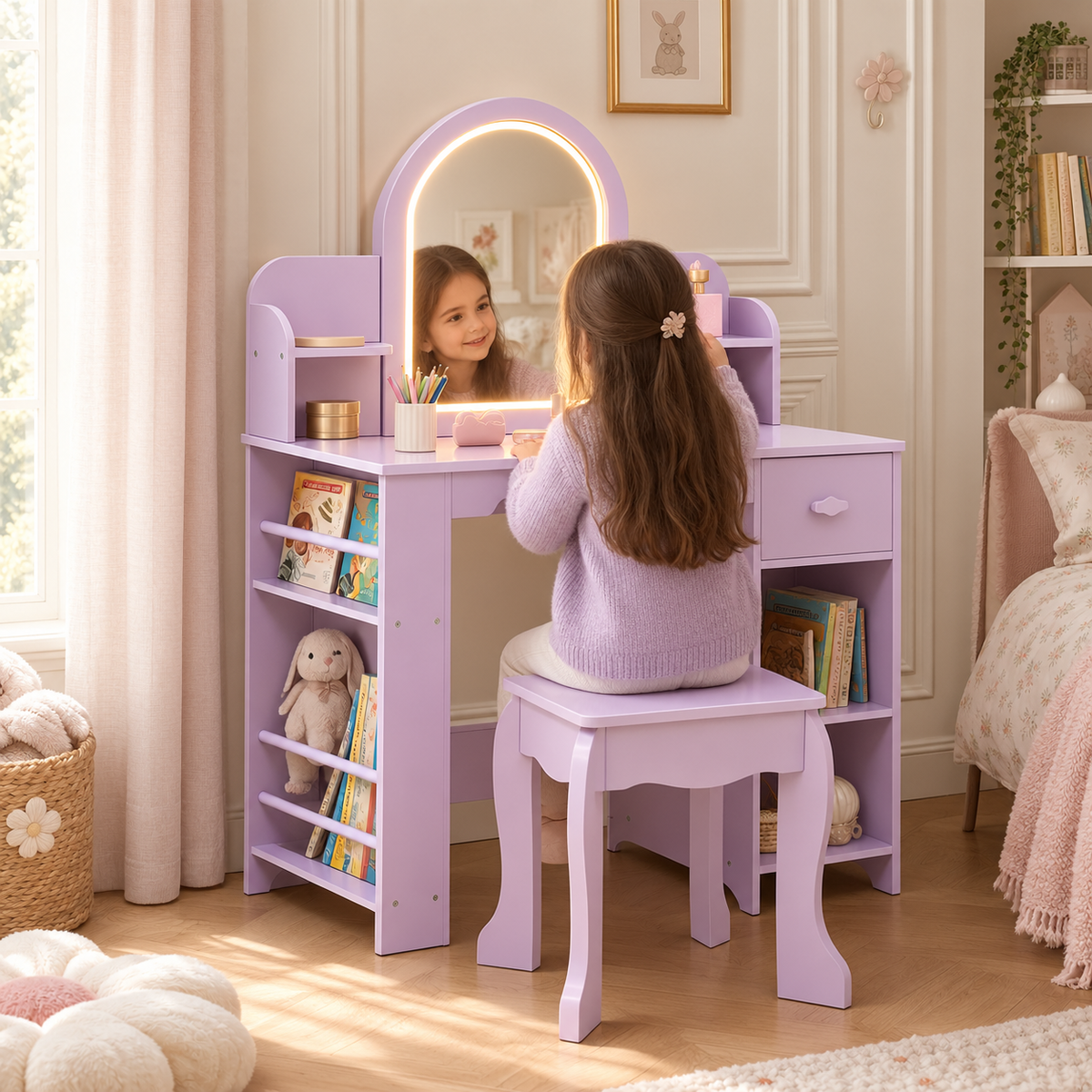 Petite fille devant sa coiffeuse enfant LED coloris Lilas