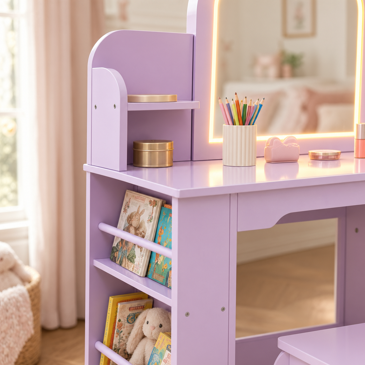 Miroir LED et rangements de la coiffeuse enfant coloris Lilas