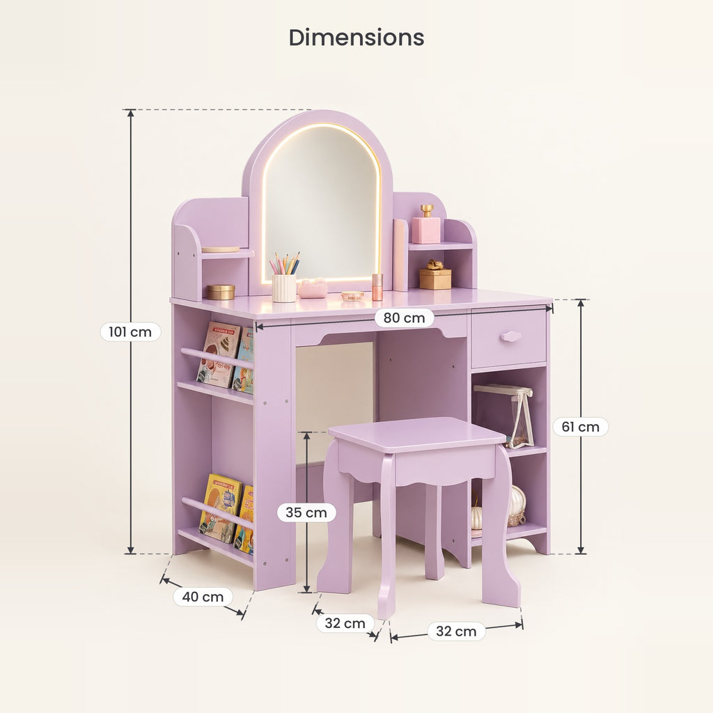 Dimensions de la coiffeuse enfant miroir LED réglable coloris Lilas et de son tabouret