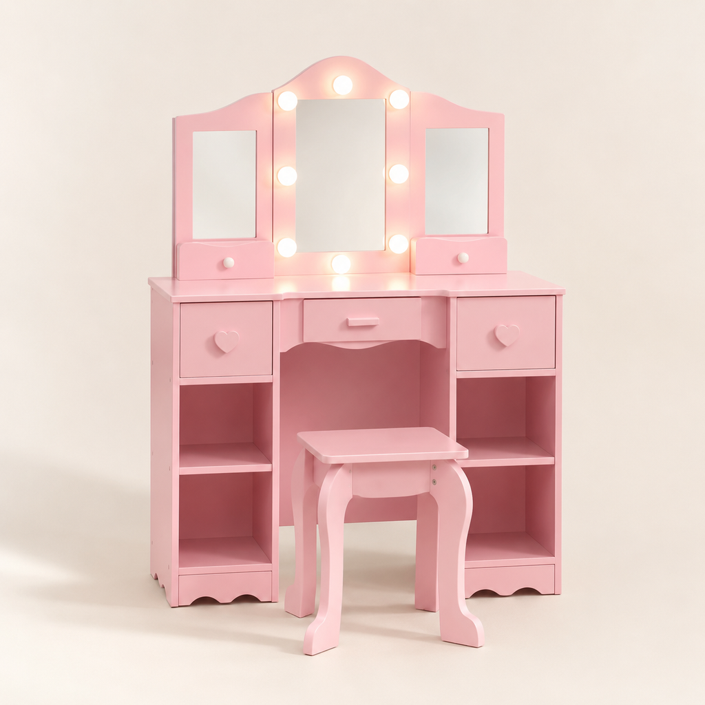 Coiffeuse enfant Hollywood miroir à ampoules coloris Rose avec tabouret et tiroirs