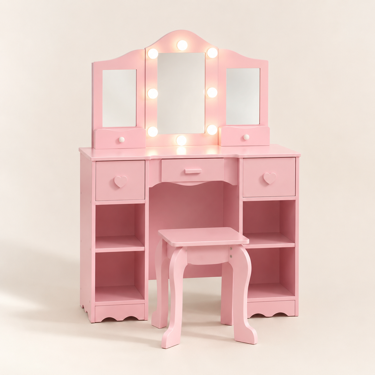 Coiffeuse enfant Hollywood miroir à ampoules coloris Rose avec tabouret et tiroirs