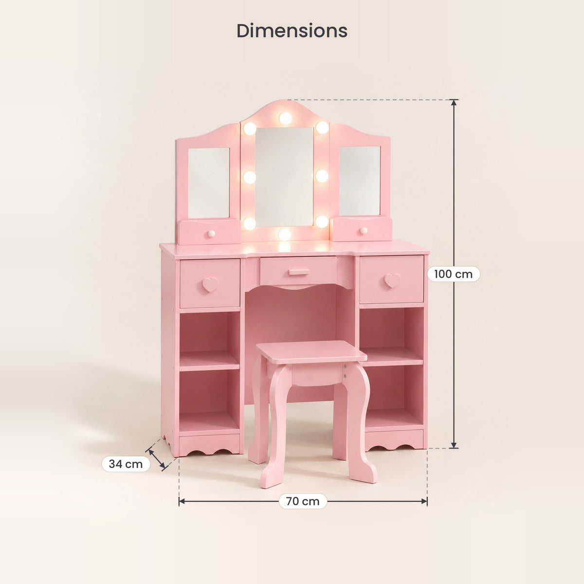 Dimensions de la coiffeuse enfant Hollywood à ampoules coloris Rose : 70 x 34 x 100 cm