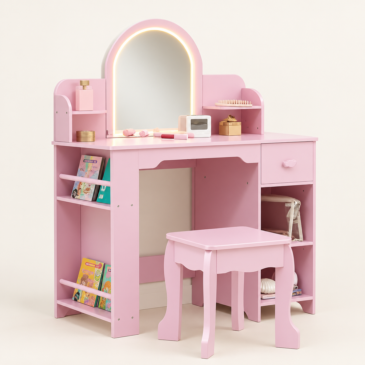 Coiffeuse enfant miroir LED réglable coloris Rose avec tabouret et étagères à livres
