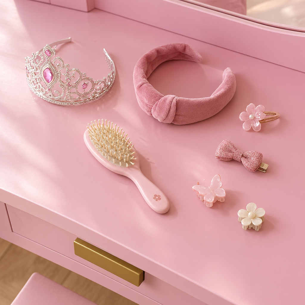Diadème, serre-tête et brosse sur la coiffeuse enfant princesse rose pâle