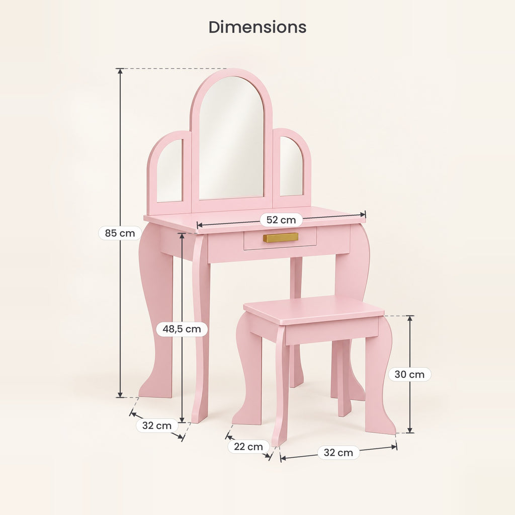 Dimensions de la coiffeuse enfant princesse 3 miroirs et de son tabouret