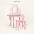 Dimensions de la coiffeuse enfant princesse 3 miroirs et de son tabouret