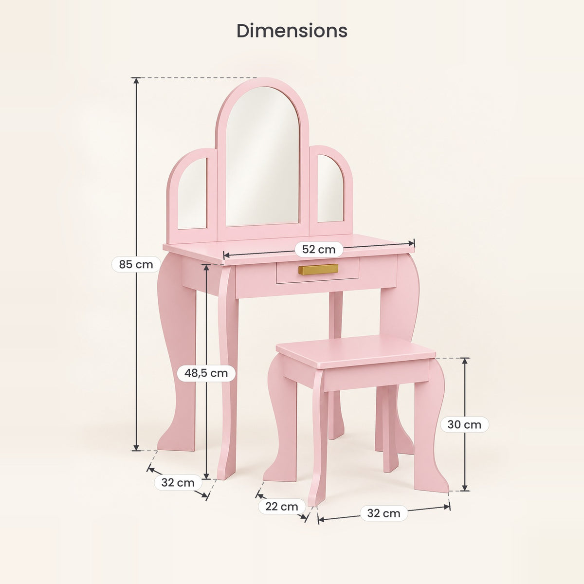 Dimensions de la coiffeuse enfant princesse 3 miroirs et de son tabouret