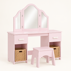 Coiffeuse bureau enfant 2 en 1 princesse rose pâle avec 3 miroirs, paniers et tabouret