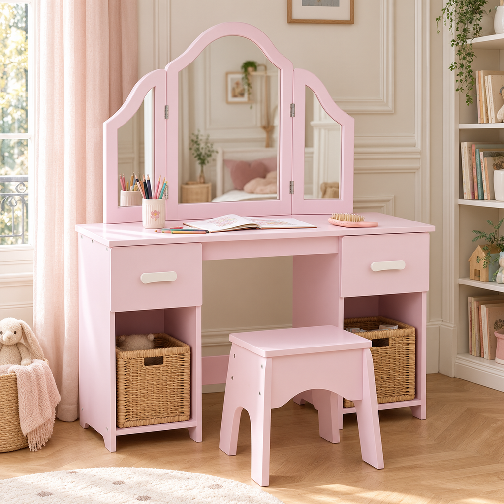Coiffeuse bureau enfant 2 en 1 princesse rose pâle dans une chambre d'enfant