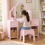 Petite fille assise à sa coiffeuse bureau enfant 2 en 1 princesse