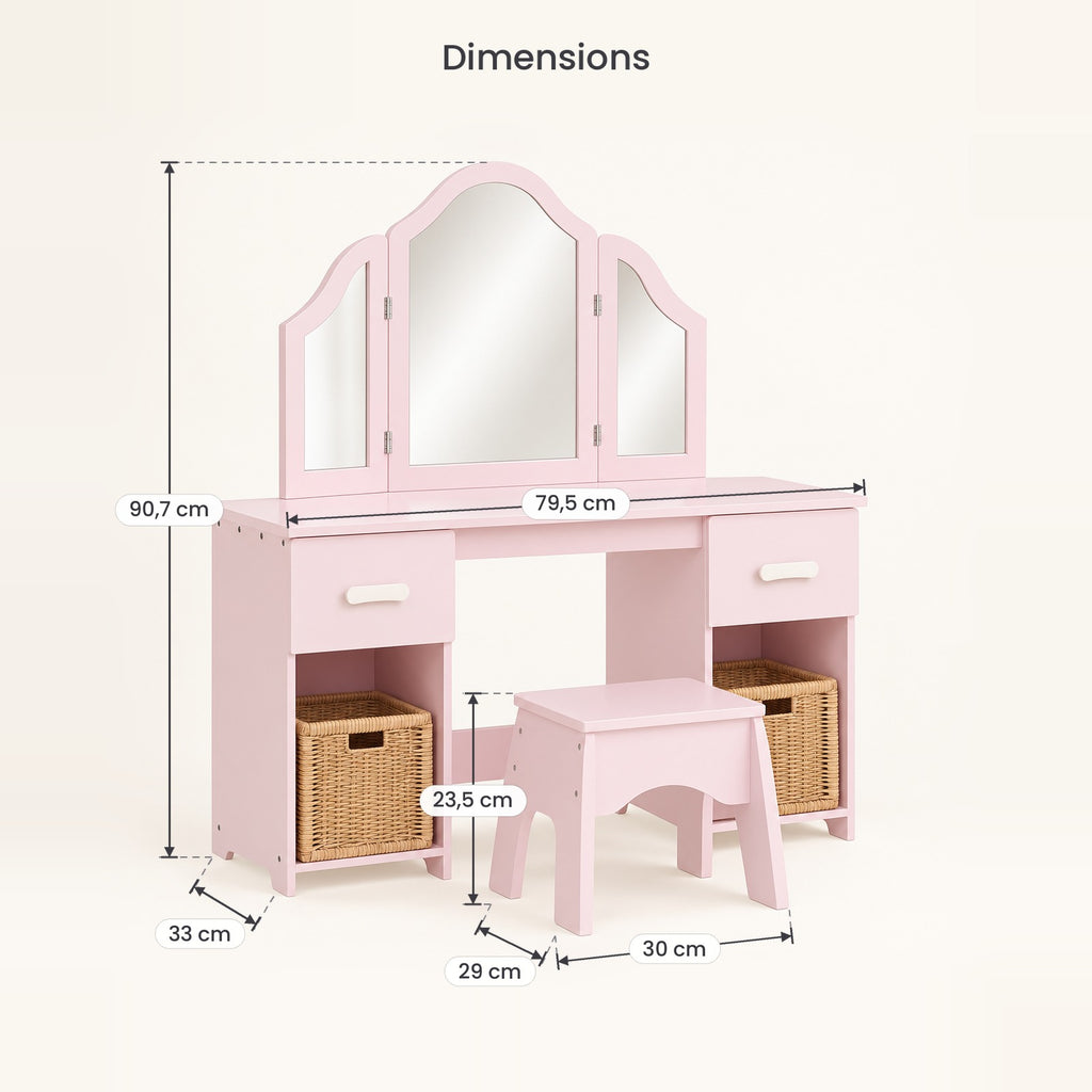 Dimensions de la coiffeuse bureau enfant 2 en 1 princesse et de son tabouret