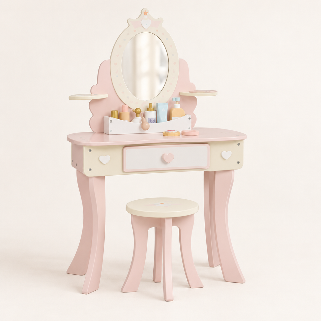 Coiffeuse enfant princesse miroir ovale rose poudré avec tabouret et accessoires