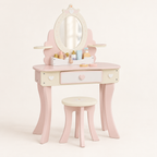 Coiffeuse enfant princesse miroir ovale rose poudré avec tabouret et accessoires
