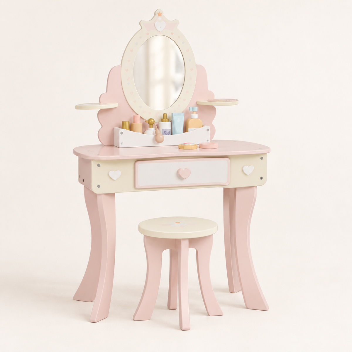 Coiffeuse enfant princesse miroir ovale rose poudré avec tabouret et accessoires