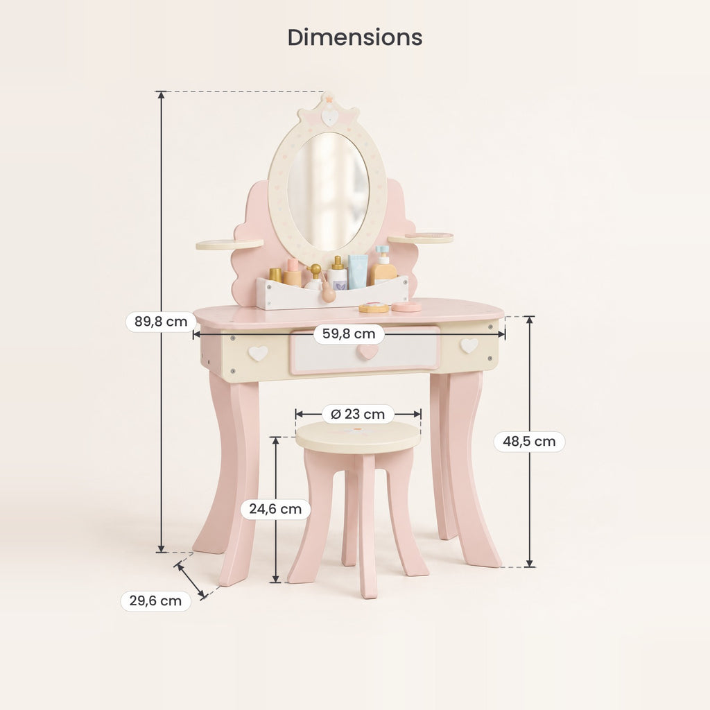 Dimensions de la coiffeuse enfant princesse miroir ovale et de son tabouret rond