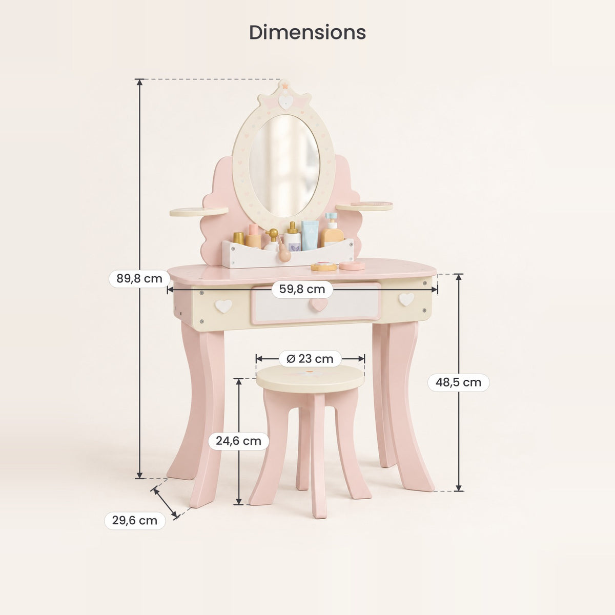 Dimensions de la coiffeuse enfant princesse miroir ovale et de son tabouret rond