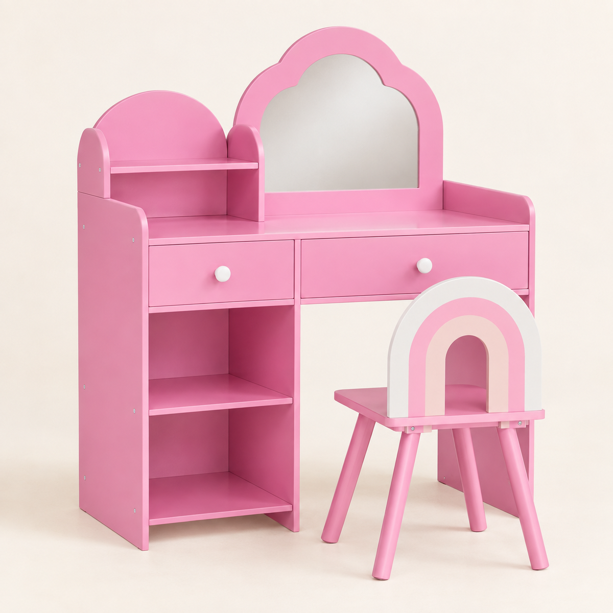 Coiffeuse enfant nuage coloris Rose avec miroir et chaise arc-en-ciel