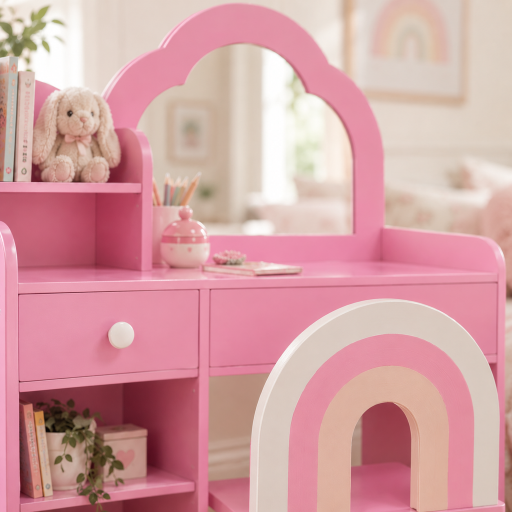 Chaise arc-en-ciel et rangements de la coiffeuse enfant nuage coloris Rose